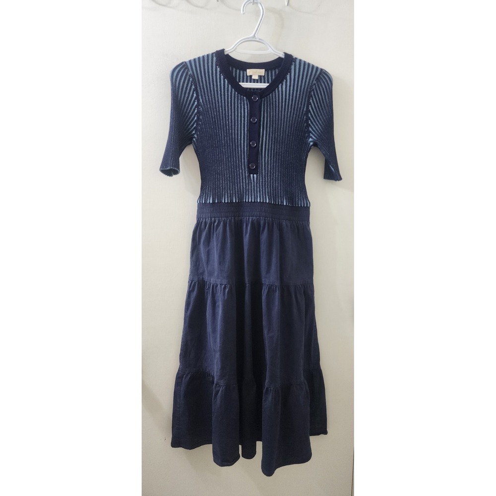Shoshanna Navy Striped Ribbed Knit Tiered Mixed Media Midi Dress‎ Small Womens